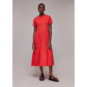 WHISTLES Tiered Jersey Midi Dress Sz 4 Red Stretch Knit Short Sleeve 100% Cotton